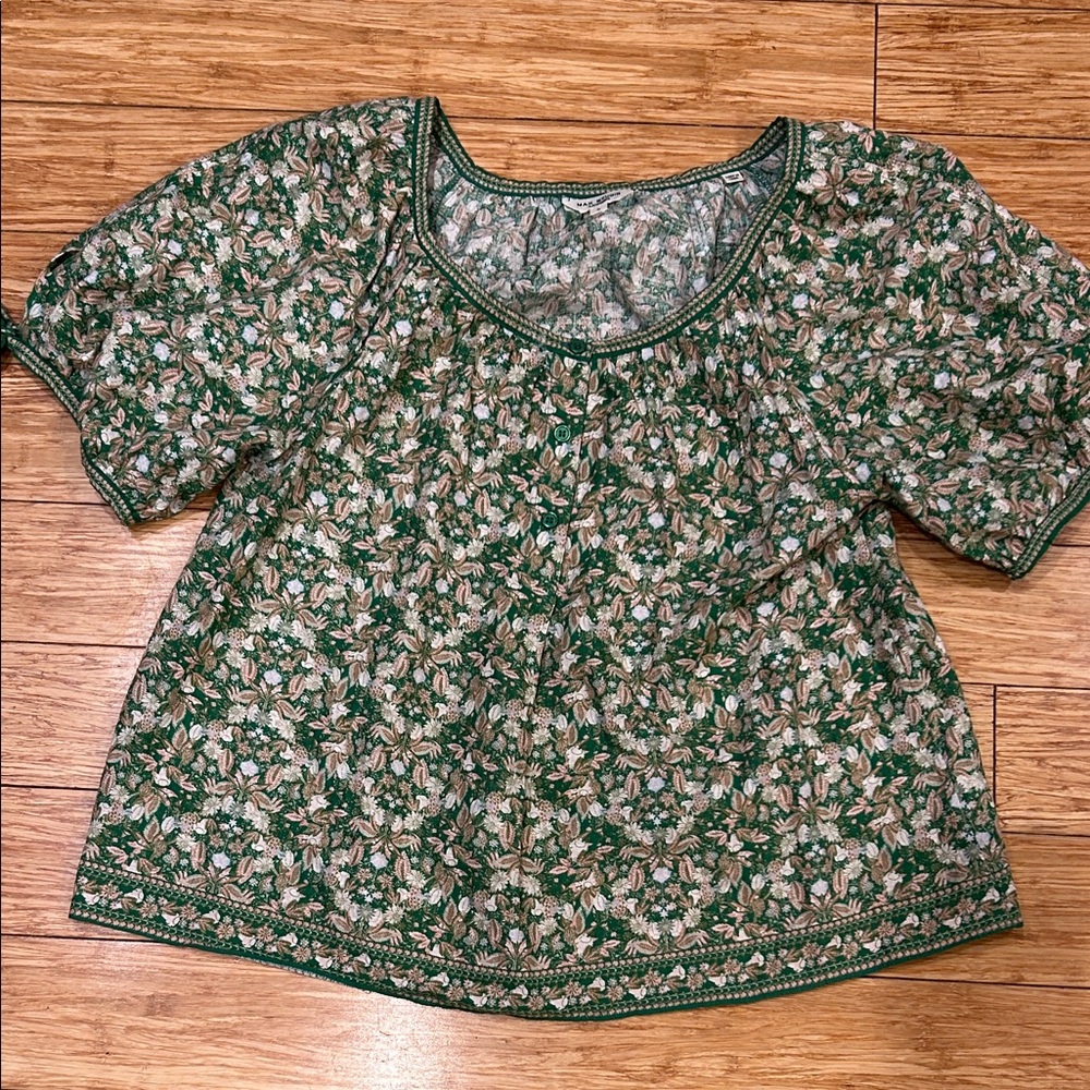 Max Studio Green Spring Floral 1/4 Button Up Oversized Boho Blouse Women’s S